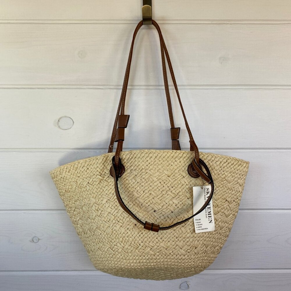 Saks Fifth Avenue Natural Straw Tote with Brown Leather Straps - Picture 4 of 11